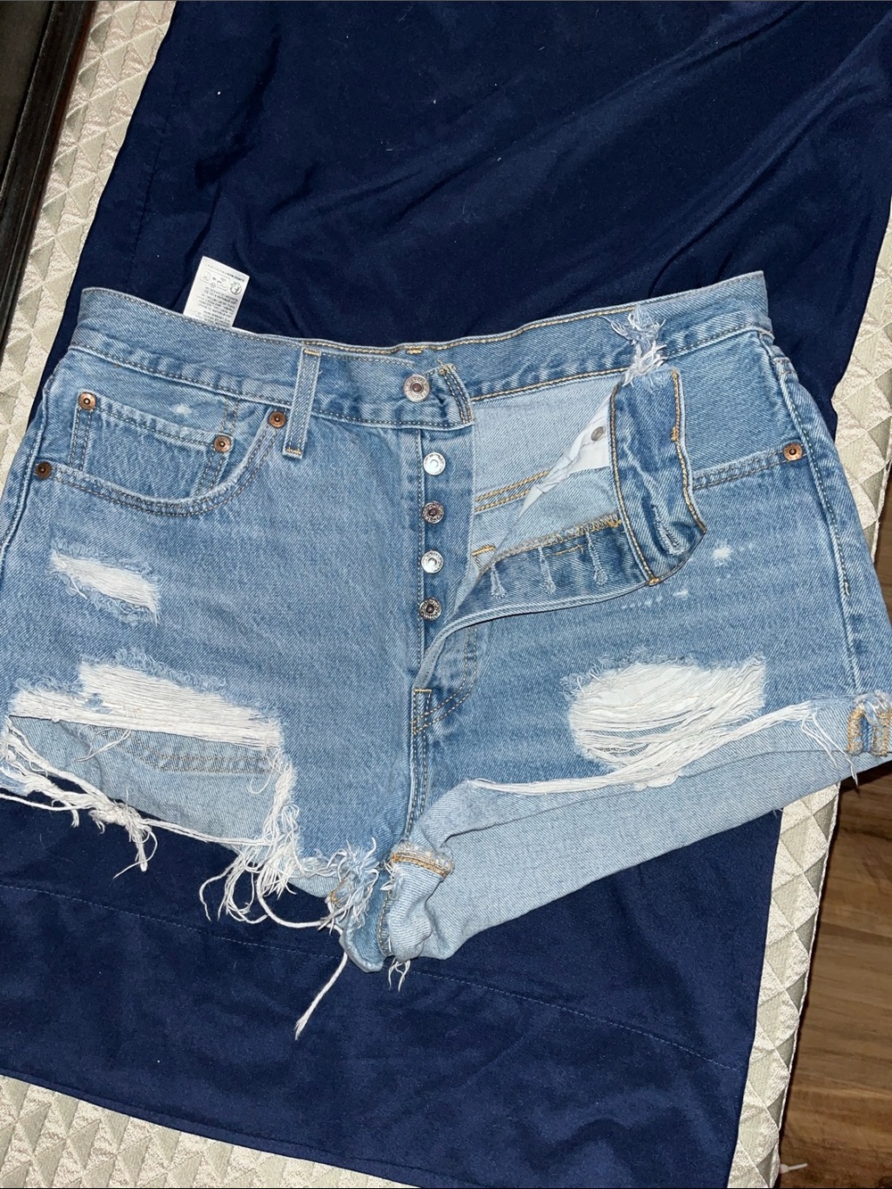 Levi's Light Blue Distressed High-Rise Denim Shorts